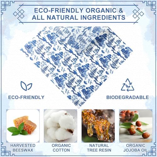 Tigeen 9 Pcs Reusable Beeswax Wrap for Food, Blue Chinoiserie Beeswax Paper - Image 5