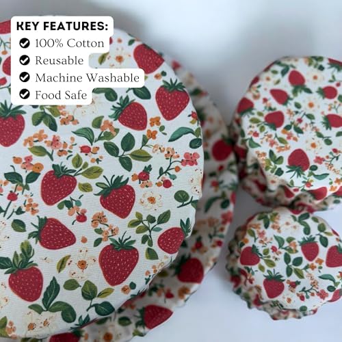 (4-Pack) Sourdough Reuseable Jar & Bowl Covers | Cute Baking Gift | 100% Cotton | Washable | Bread Proofing | Kitchen Food Storage Gifting | Starter Cover Lid Kit (Strawberry) - Image 3