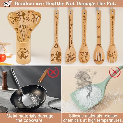 Cow Kitchen Decor Bamboo Wooden Spoons With Utensil Holder- Cow Kitchen Accessories for Cooking-Home Decorations Gifts for Women-Housewarming,Birthday,Easter,Mothers Day Gift（6PCS） - Image 4