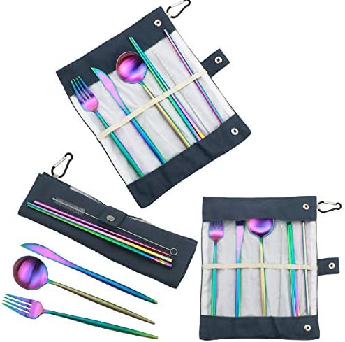 Reusable Travel Utensils, 7 Piece Portable 304 Stainless Steel including Knife Fork Spoon Chopsticks Cleaning Brush Straws Portable Pouch, Eco-friendly Camping Silverware Set, Dishwasher Safe - Image 6