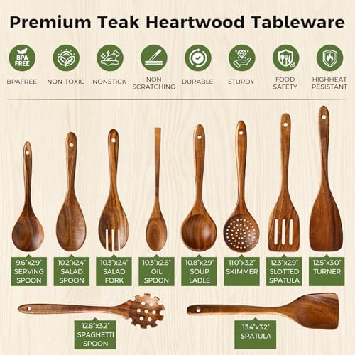 10 Pcs Teak Wooden Utensil Set, Wooden Spoons & Spatula for Cooking - Image 3