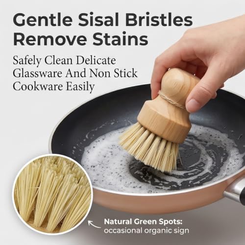 Bamboo Dish Brush Set, Natural Sisal Scrubber for Pots Pans Dishes with Tray, Eco Friendly Kitchen Brush 3 Pack - Image 4