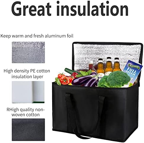 2 pack Additional Bottom Plate Black Insulated Grocery shopping bag , Delivery,pizza,reusable bags, Sturdy zipper,Collapsible,tote,cooler,thermal,Beach,waterproof heavy duty - Image 6