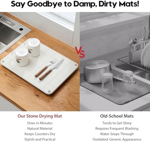 Razborci Stone Dish Drying Mat for Kitchen Counter, Water Absorbing Bathroom Tray Sink Organizer, Diatomaceous Earth Countertop Dish Rack Riser Sponge Holder Soap Dish, Gray Beige, 16" x 12" - Image 3