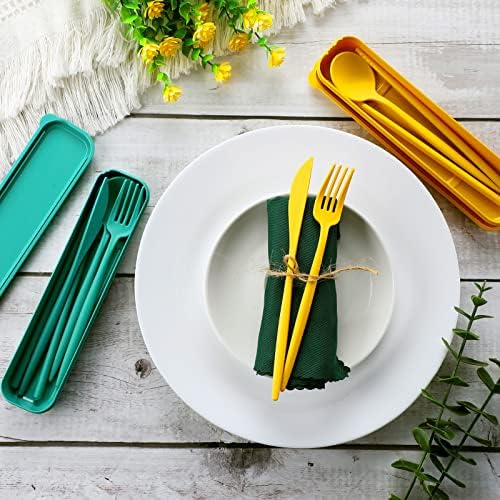 12 Sets Reusable Travel Utensils Set with Case (Knife, Fork, Spoon, Chopsticks), Wheat Straw Portable Plastic Camping Cutlery, Lunch Tableware for Kids Adults Daily Use, Gifts for Office Christmas - Image 5