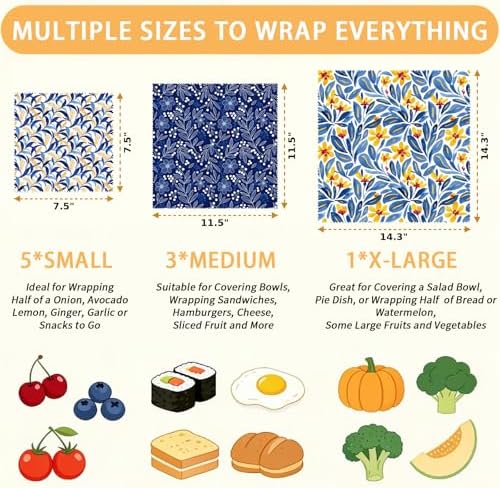 Reusable Beeswax Wrap, Blue Botanical & Floral Wraps, 9 Pack Eco-Friendly Food Storage for Sandwich, Bread & Bowl, Organic Cotton, Sustainable, Zero Waste, Plastic-Free, 1XL, 3M, 5S - Image 2