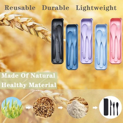 Reusable Travel Utensils Set with Case Wheat Straw Fork Spoon Knife Cutlery - Image 2