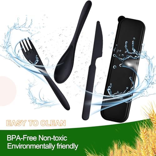 Travel Utensils with Case, 12 Sets Camping Utensil Sets, Wheat Straw Portable Knife Fork Spoons Tableware, Reusable Utensils for Lunch Box (Black) - Image 5