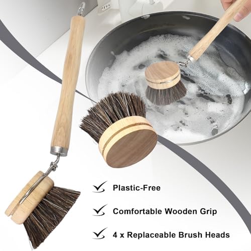 5 Pc Wood Dish Brush, 4 Horsehair Heads with 1 Handle - Image 3