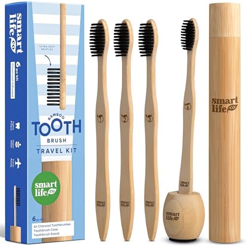 Bamboo Charcoal Toothbrushes (4 Pack) with Travel Case & Stand - Extra Soft Bristles for Adults & Kids Teeth | Zero Waste Travel Toothbrush Kit | Natural Eco-Friendly Wooden Brush Holder Cover by SmartLifeco