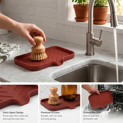 MicoYang Silicone Soap Dish with Drain Spout — Self-Draining Sink Organizer Tray for Bathroom & Kitchen, Sponges, Dispensers & Soap Holder, Non-Slip & Dishwasher Safe, Red (Medium, 9.6"×5.3") - Image 4