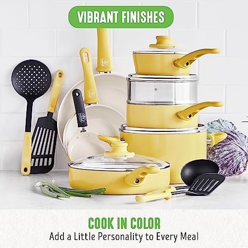 GreenLife Soft Grip Healthy Ceramic Nonstick 18 Piece Kitchen Cookware Pots and Frying Sauce Saute Pans Set, PFAS-Free with Kitchen Utensils and Lid, Dishwasher Safe, Yellow - Image 5