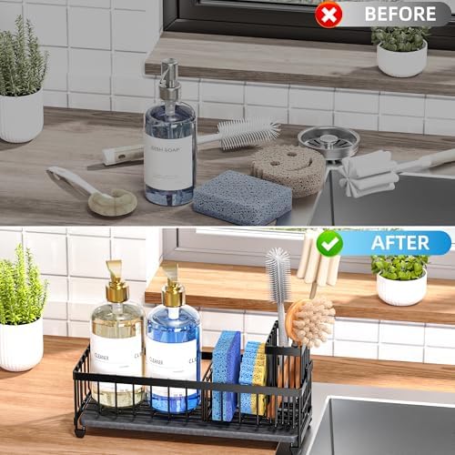 Cisily 10.62'' Sponge Holder for Kitchen Sink, Sink Caddy Organizer with High Brush Holder, Kitchen Countertop Organizers and Storage Essentials, Rustproof 304 Stainless Steel (Black with Stone Tray - Image 5