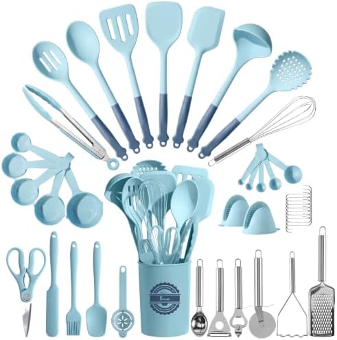 Kikcoin 43Pcs Large Kitchen Utensils Set - Silicone Cooking Utensils Set, Dishwasher Safe Spatula Set for Non-stick Cookware, 446°F Heat Resistant Kitchen Utensils Set with Holder BPA Free, Blue by Kikcoin
