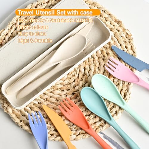 Travel Utensils with Case, 4 Sets Reusable Utensils Set with Case, Wheat Straw Utensils for Lunch Box Accessories, Camping Utensil Set for School Work Lunch or Daily Use - Image 3