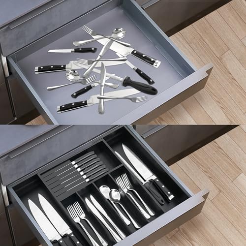 VaeFae Bamboo Silverware Drawer Organizer, 7 Slots, Black - Image 6