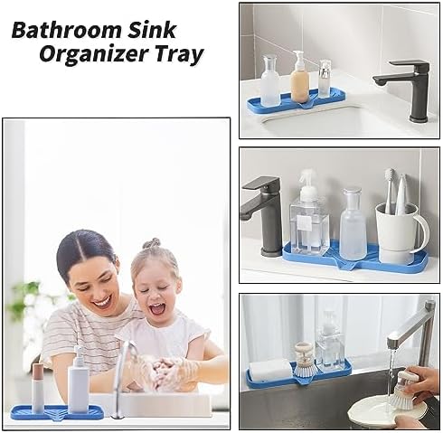 MicoYang Silicone Soap Dish with Drain Spout — Self-Draining Double Sink Organizer Tray for Kitchen & Bath, Dispensers, Sponges & Soap Holder, Non-Slip & Dishwasher Safe, Lichen Blue (Large, 12"×4") - Image 4