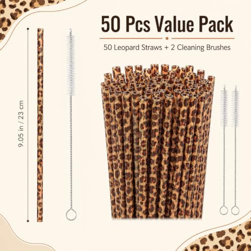 50 Pcs Reusable Leopard Straws, Plastic Cheetah Animal Straws and Cleaning Brush for Women Tumblers Drinking Safari Wild Birthday Party - Image 2