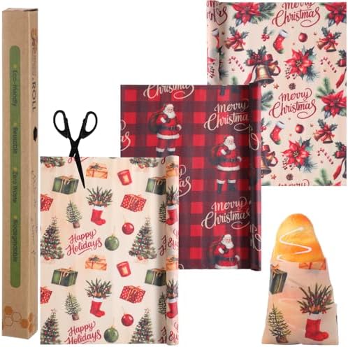 Moukeren 3 Rolls Christmas Beeswax Wraps 13 x 40 Inches Bees Wax Wrap by Moukeren