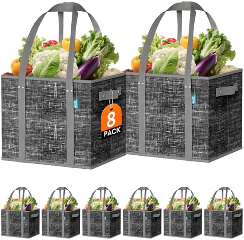 Fab totes Reusable Grocery Bags, Large Foldable Shopping Tote Bags with Reinforced Handles & Hard Bottom,8 Pack, Black by Fabtotes