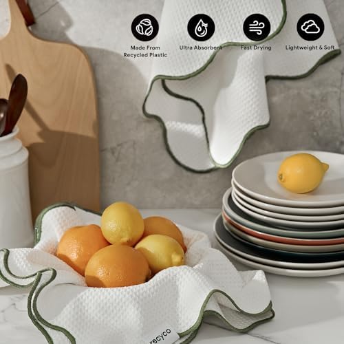 RECYCO Waffle Kitchen Towel Set of 2 - Quick Dry Microfiber Sustainable Dish Towels - Ultra Absorbent Reusable Cleaning Tea Towels - Lightweight Hand Towels,16”x 28”, Lorden Green - Image 2
