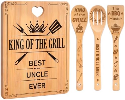 Uncle Gifts for Fathers Day - "King of The Grill, Best Uncle Ever" Uncle Birthday Gifts Cutting Board Set, Bamboo-Made Engraved Utensil Set, Fathers Gifts for Uncle by Apjielop-GiftsMaster