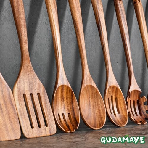 Gudamaye 13 inch Long Wooden Spoons for Cooking, 9 PCS Natural Teak Wooden Kitchen Utensil Set with Utensils Holder Made of Australia Camphor Laurel Wood，Wooden Utensils for Cooking - Image 6