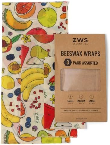 Beeswax Wraps, Reusable Cotton Food Storage Set for Kitchen, Lunch, Bread, Snacks, Bowls. Eco-Friendly Plastic-Free Alternative. 3-Pack Assorted - Fruits by Zero Waste Store by ZWSEssentials