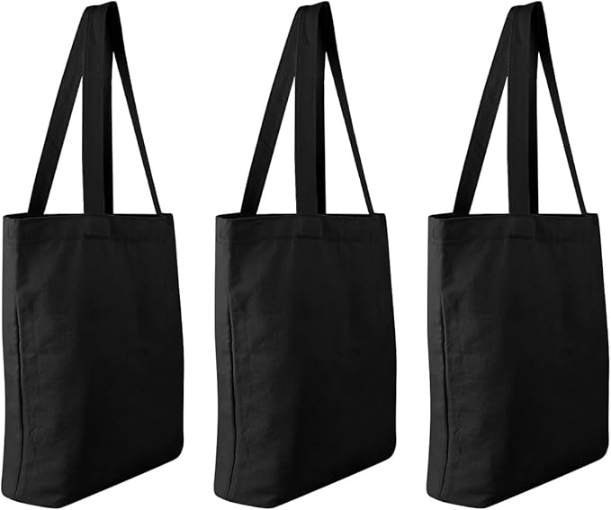 Faylapa 12 Pack Canvas Tote Bags, Heavy Duty Reusable Grocery Shopping Bag 13.6"x 15.3" Blank Cotton Bags for Decorating Christmas Crafts DIY, Painting(Black)