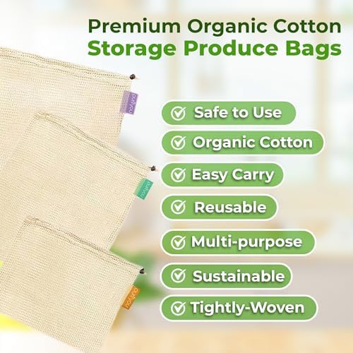 purifyou Set of 9 Reusable Organic Cotton Produce Bags – Heavy Duty Double-Stitched Mesh, Unbleached, Drawstring Closure – 2 XL (12x20), 5 L (12x14), 2 S (12x8) - Image 3