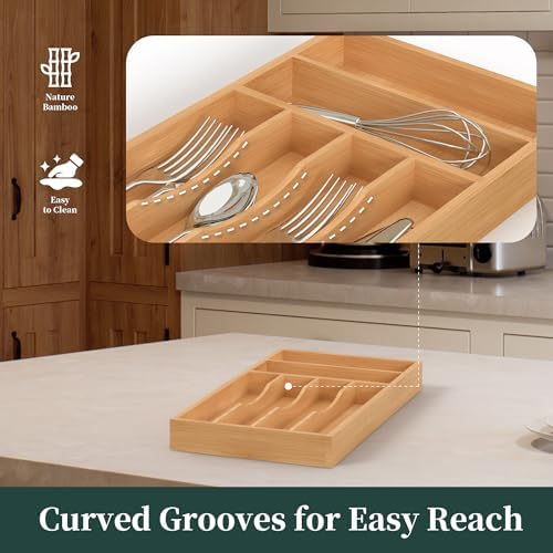 Silverware Organizer, Bamboo Kitchen Drawer Organizer, Utensil Holder, Cutlery Tray & Spoon Flatware Storage with Grooved Drawer Dividers (8.5''W x 15.5''D) - Image 4