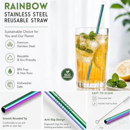 16 Pack Rainbow Stainless Steel Straws for 20 oz Tumblers, 8 Straight and 8 Bent Reusable Metal Straws with 4 Cleaning Brushes, Rainbow Colored, Fits Insulated Cups - Image 4
