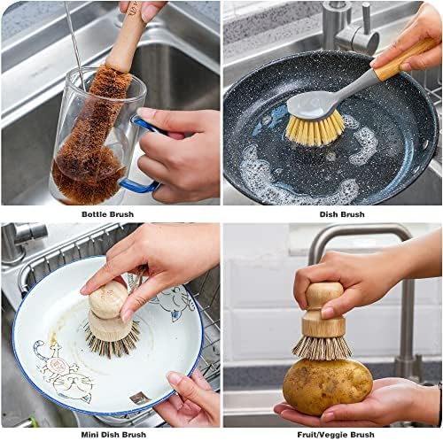 Natural Bamboo Dish Brush Bottle Scrub Brush 4-Piece Set, with Ceramic Soap Dispenser - Wooden Washing Up Brushes with Sturdy Handles for Cleaning Dishes, Pots, Pans, Gift Kit - Image 4