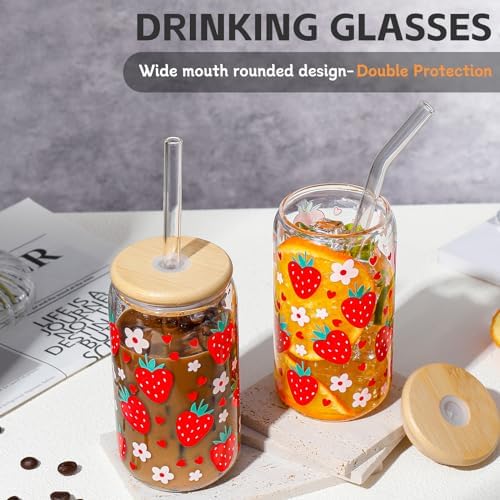 Glass Cups with Lids and Straws with Design Strawberry 4 pcs,Clear Glass Cups 16 oz-DWTS Drinking Glasses Set,Glass Tumbler,Cute Design Glass Iced Coffee Cups with Lids and Straws 480ml - Image 3