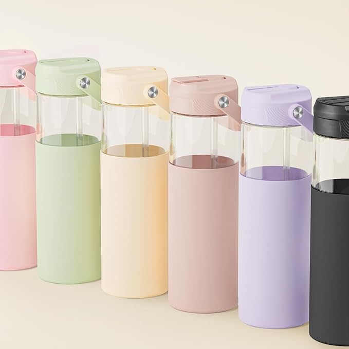 Glass Water Bottle with Silicone Sleeve and Straw Lid 20oz for Girls Women, Glass Drinking Bottles for Travel Home Gym Sports (Buttermilk)