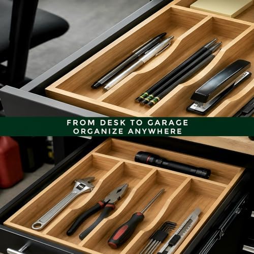 Bamboo Drawer Organizer for Kitchen Drawers, 5-Compartment Flatware & Cutlery Tray, Natural Bamboo Kitchen Utensil Silverware Organizer, Drawer Storage Organizer, 13.8 x 9.9 x 2.0 Inches - Image 5