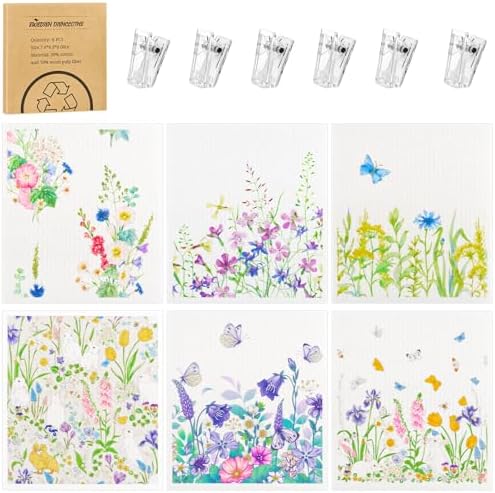 6 Pack Spring Floral Swedish Dishcloths for Kitchen, Absorbent Dish Cloths by Needbrock