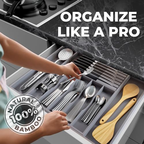 Premium Expandable Kitchen Drawer Organizer - 100% Bamboo Organizer Tray - Great for Silverware, Large Utensils, Flatware, Cutlery - 8 Compartments with Knife Block - Perfectly Fits Your Drawers - Image 6
