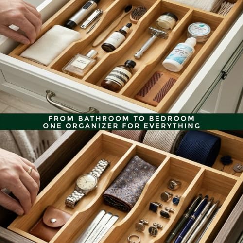 Bamboo Drawer Organizer for Kitchen Drawers, 5-Compartment Flatware & Cutlery Tray, Natural Bamboo Kitchen Utensil Silverware Organizer, Drawer Storage Organizer, 13.8 x 9.9 x 2.0 Inches - Image 4