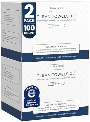 Clean Skin Club Clean Towels XL®, 100% USDA Biobased Face Towel, Disposable Face Towelette, Eczema Association Accepted, Makeup Remover Dry Wipes, Ultra Soft, 50 ct per pack, 2 Packs, 100 Ct Total by CLEANSKINCLUB