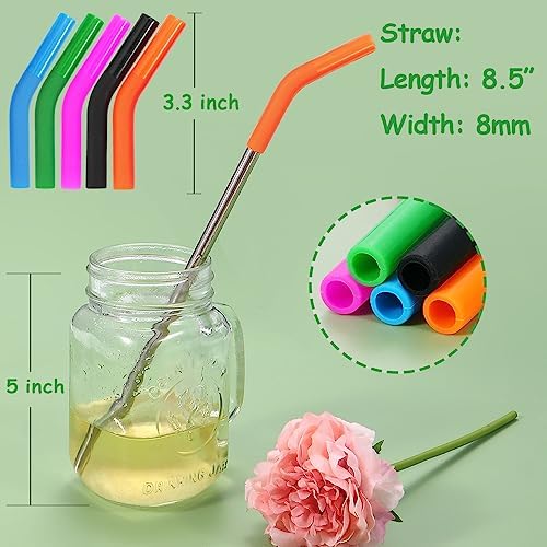 Lazycorner Reusable Stainless Steel Straws Metal Straw with Silicone Tip 5 Pcs 8mm Wide for 20/30/32oz Tumblers Smoothies and Shakes with 2 Cleaning Brushes,1 Portable Bag (Silver) - Image 2