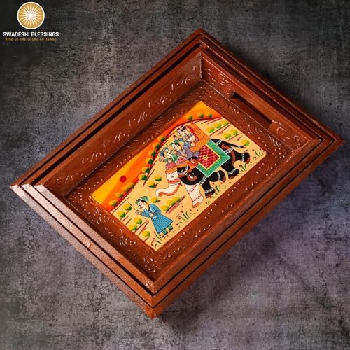 Swadeshi Blessings Hand-Painted Wooden Serving Tray Set of 3, Brown - Image 6
