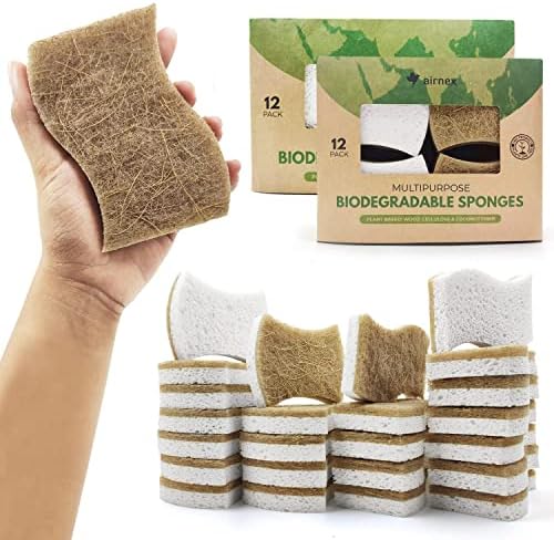 AIRNEX 24 Pack Biodegradable Natural Kitchen Sponge - Compostable Cellulose and Coconut Walnut Scrubber Sponge - Eco Friendly Sponges for Dishes by Airnex