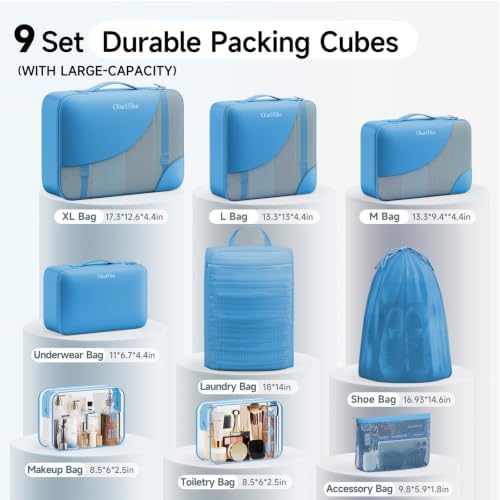 OlarHike Packing Cubes for Travel,Gifts for Women Mom,Anti-Tearing Suitcase Organizer for Luggage with Shoe & Hanging Toiletry Bag,Vacation Essentials & Accessories for Cruise Ship,9 Set,Azure Blue - Image 2