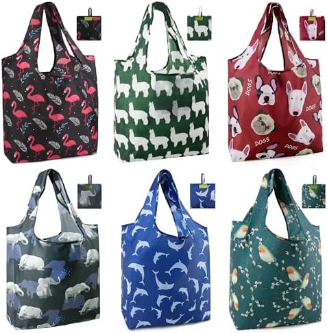 BeeGreen Animal Reusable Shopping Bags Cute Grocery Bag 6 Pack, Christmas Gift Bags Heavy-Duty Foldable Shopping Totes for Supermarket, Work & Travel, Large Washable Polyester Tote Bag with Handles by BeeGreen
