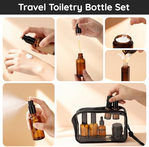 Segbeauty 8pcs Amber Travel Toiletry Containers with Clear Bag, Refillable Travel Skincare Containers Spray Dropper Bottle Perfume Atomizer, Lotion Container Jar Empty Amber Glass Creams Pump Bottle - Image 4