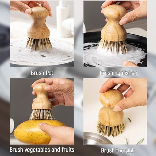 Natural Coconut Fiber Pot Scrubber Brushes with Quick-Dry Stand, Rubberwood Handle for Stubborn Pans & Kitchen Cleaning,2Pcs - Image 6