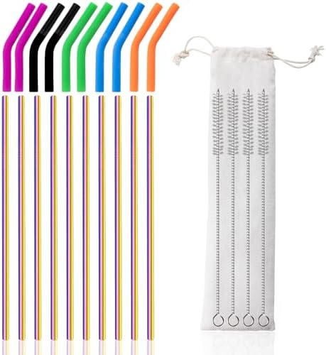 Lazycorner 10 Pcs Metal Straw Reusable 8.5" 6mm Stainless Steel Straws,20oz-32oz, Colorful Drinking Straws with Silicone Tips, 4 Straw Cleaner Brush, 1 Travel Case by Lazycorner