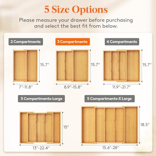 Lifewit Bamboo Utensil Organizer for Kitchen Drawer, Cooking Utensil Tray - Image 2