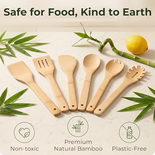 Wooden Spoons for Cooking, 6 Pcs Bamboo Utensil Set – Nonstick Safe - Image 3